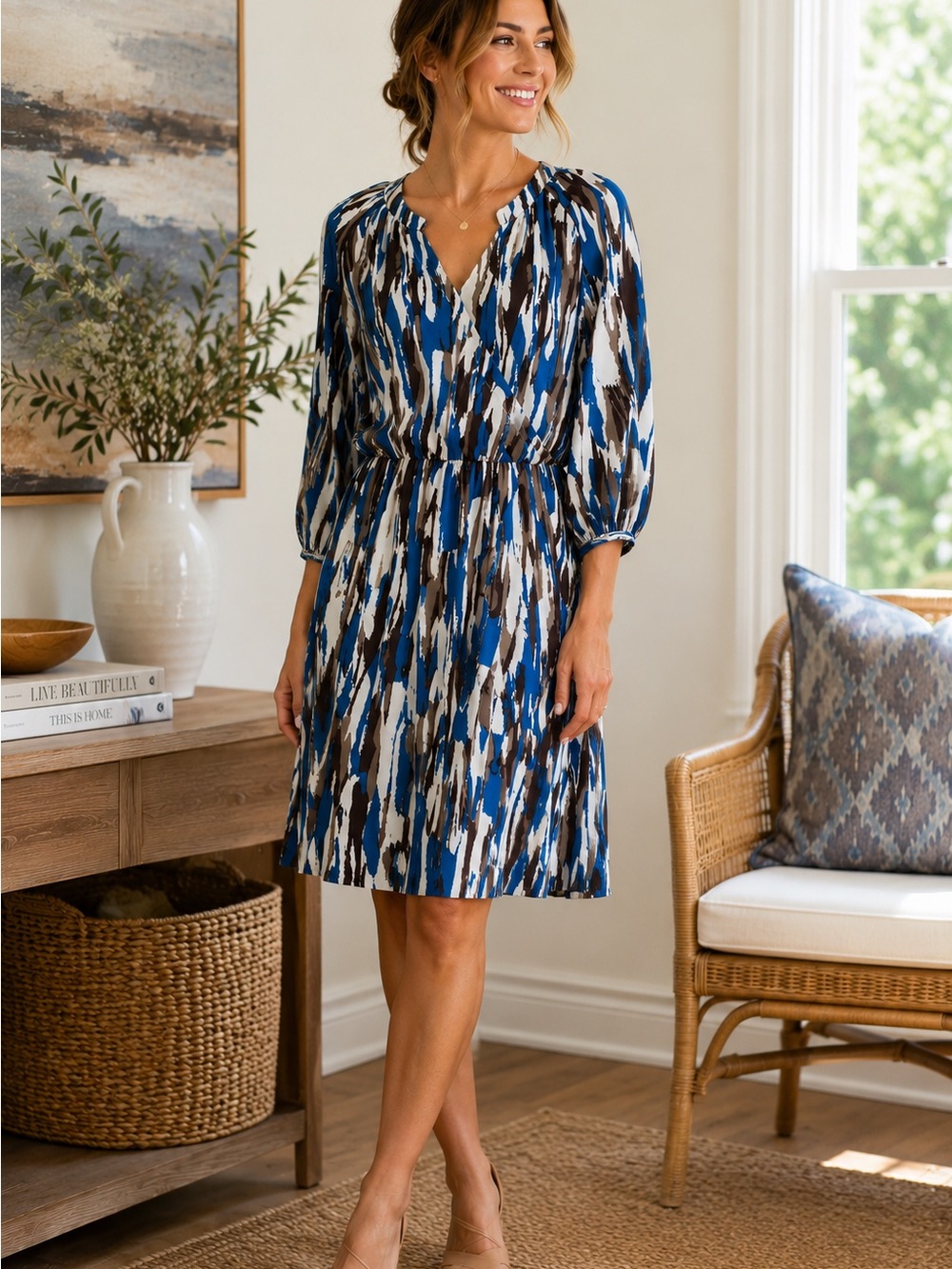 Banana Republic Blue Abstract Faux Wrap Dress Size 8 3/4 Sleeve